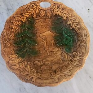 Vintage Syroco Faux Wood Bowl 50s Deer Pine Trees Woodland Christmas